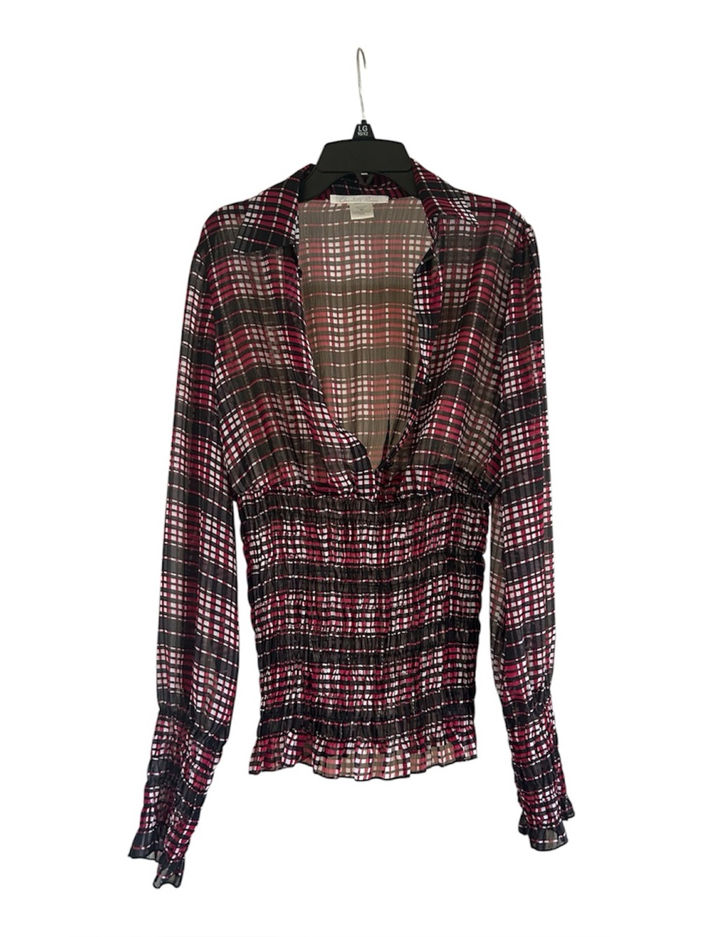 Charlotte Russe Plaid Smocked Black and Red Size Medium Long Sleeve Blouse